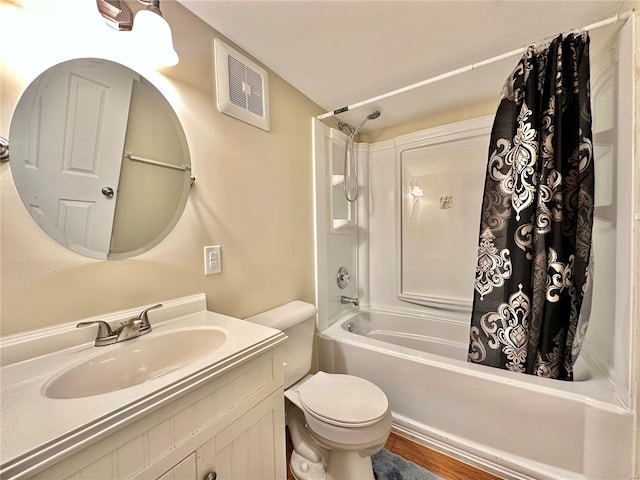 full bathroom featuring toilet, shower / bath combo, vanity, and hardwood / wood-style floors