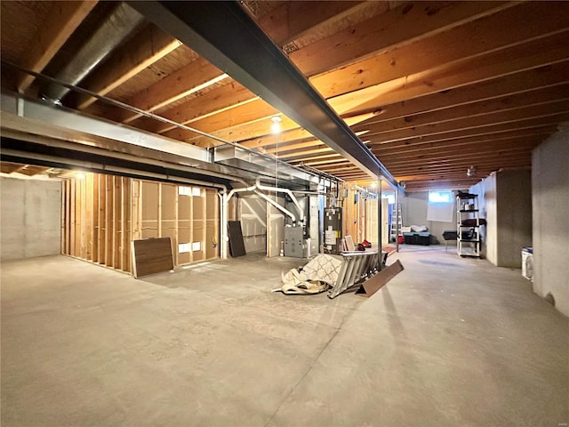 basement with water heater and heating unit