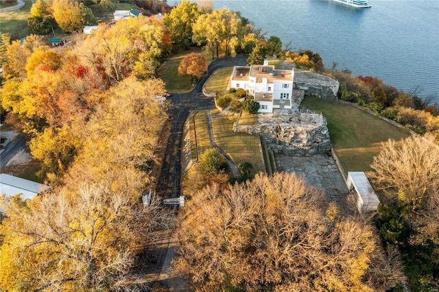 birds eye view of property featuring a water view