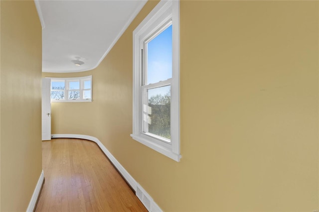 hallway featuring hardwood / wood-style floors and ornamental molding