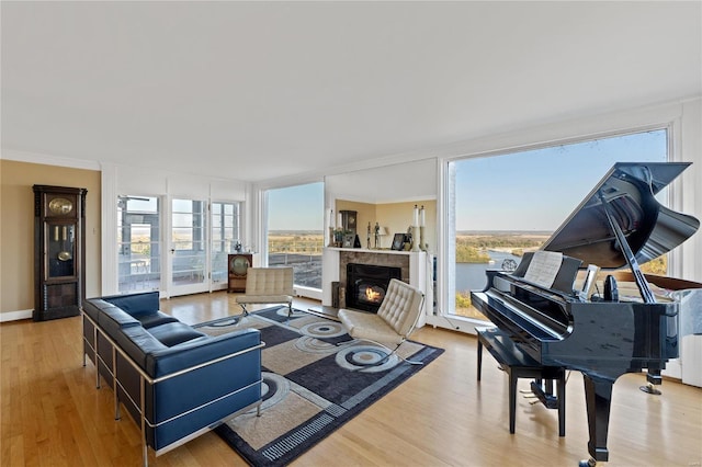 living room featuring light hardwood / wood-style flooring and crown molding