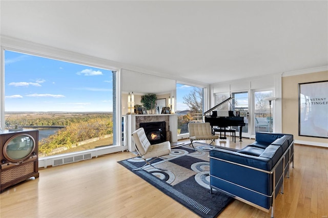 living room with hardwood / wood-style flooring, floor to ceiling windows, and ornamental molding