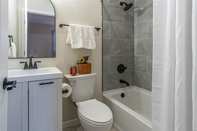 full bathroom with vanity, toilet, and shower / bathtub combination with curtain