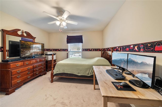 bedroom with light colored carpet and ceiling fan