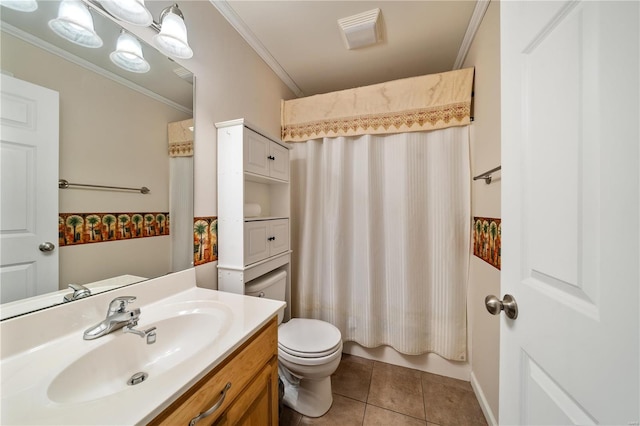 full bathroom featuring tile patterned flooring, vanity, toilet, and crown molding