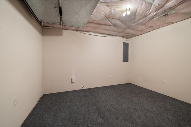 basement with carpet floors and electric panel