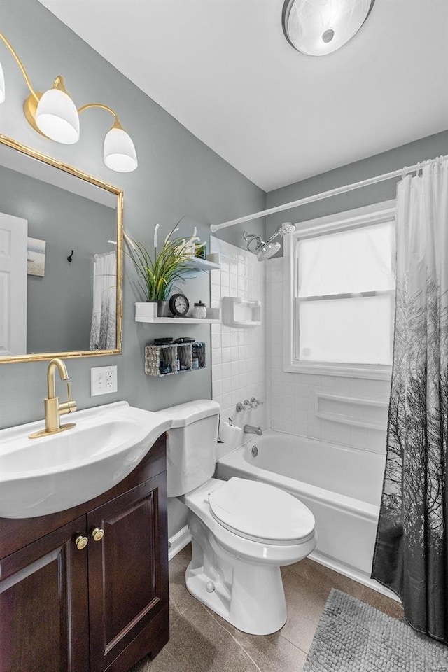 full bathroom with tile patterned flooring, vanity, toilet, and shower / bath combination with curtain