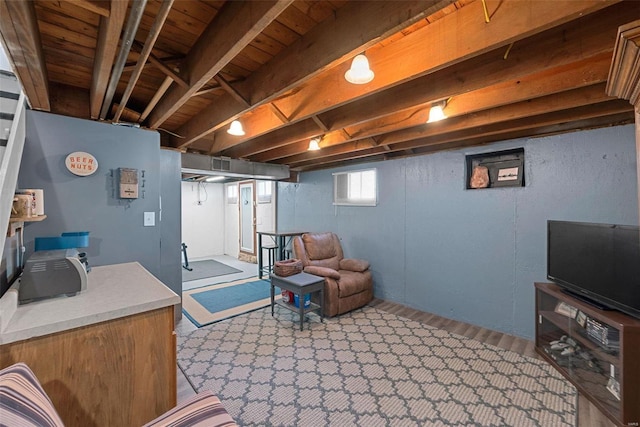 basement featuring light wood-type flooring