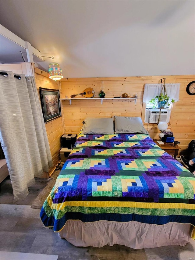 bedroom with wooden walls and cooling unit