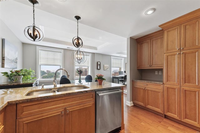 kitchen featuring dishwasher, pendant lighting, a chandelier, and sink