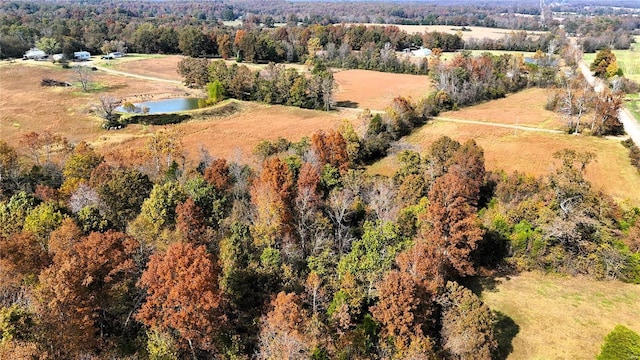 birds eye view of property featuring a water view and a view of trees