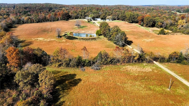 birds eye view of property with a water view and a forest view