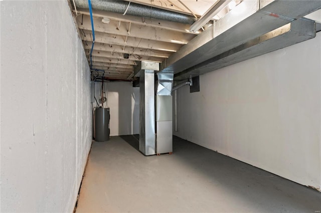 basement with heating unit and water heater