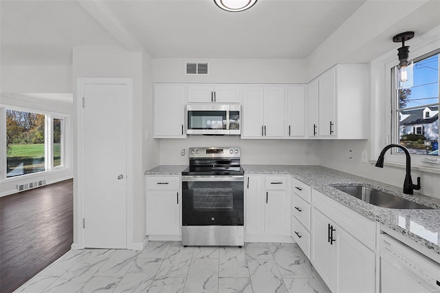 kitchen with sink, light wood-type flooring, stainless steel appliances, and a wealth of natural light