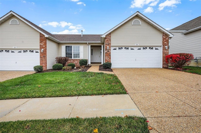 single story home featuring a front yard and a garage