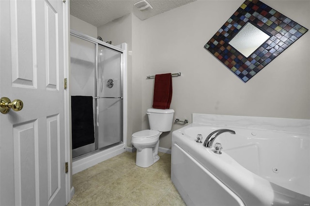 bathroom with tile patterned floors, plus walk in shower, a textured ceiling, and toilet