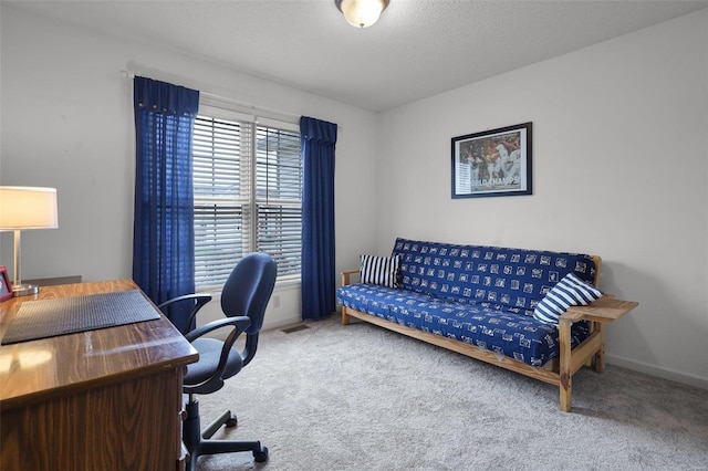 carpeted office space featuring a textured ceiling