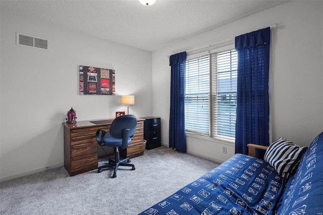 office space featuring light colored carpet and a textured ceiling