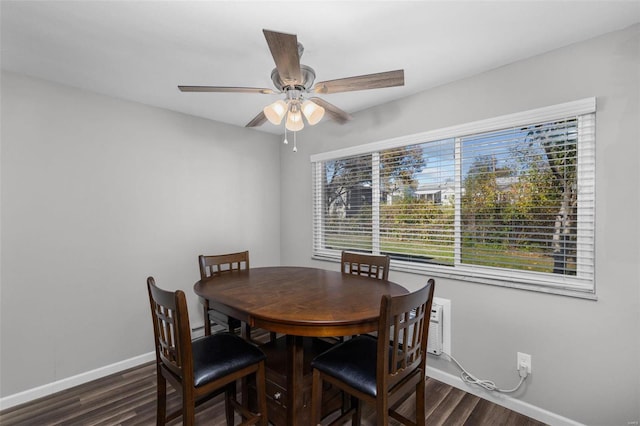 dining room with ceiling fan and dark hardwood / wood-style floors