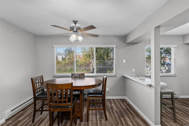 dining area featuring ceiling fan and dark hardwood / wood-style floors