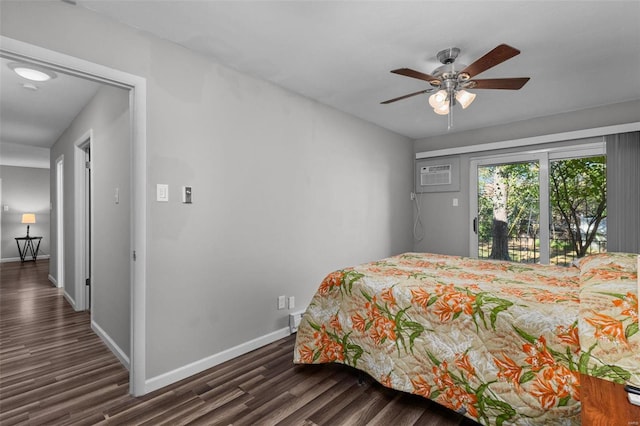 bedroom with ceiling fan and dark wood-type flooring