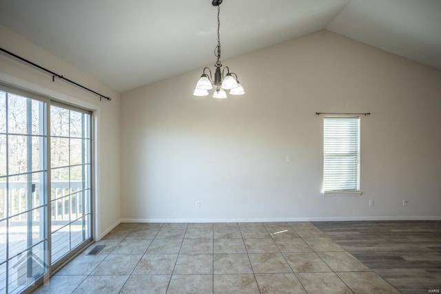 unfurnished room with hardwood / wood-style flooring, lofted ceiling, and a notable chandelier