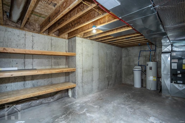 basement with heating unit and water heater