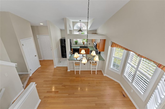 foyer featuring a towering ceiling and light hardwood / wood-style floors