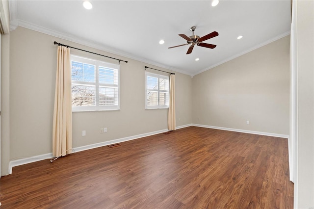 empty room with crown molding, ceiling fan, and dark wood-type flooring