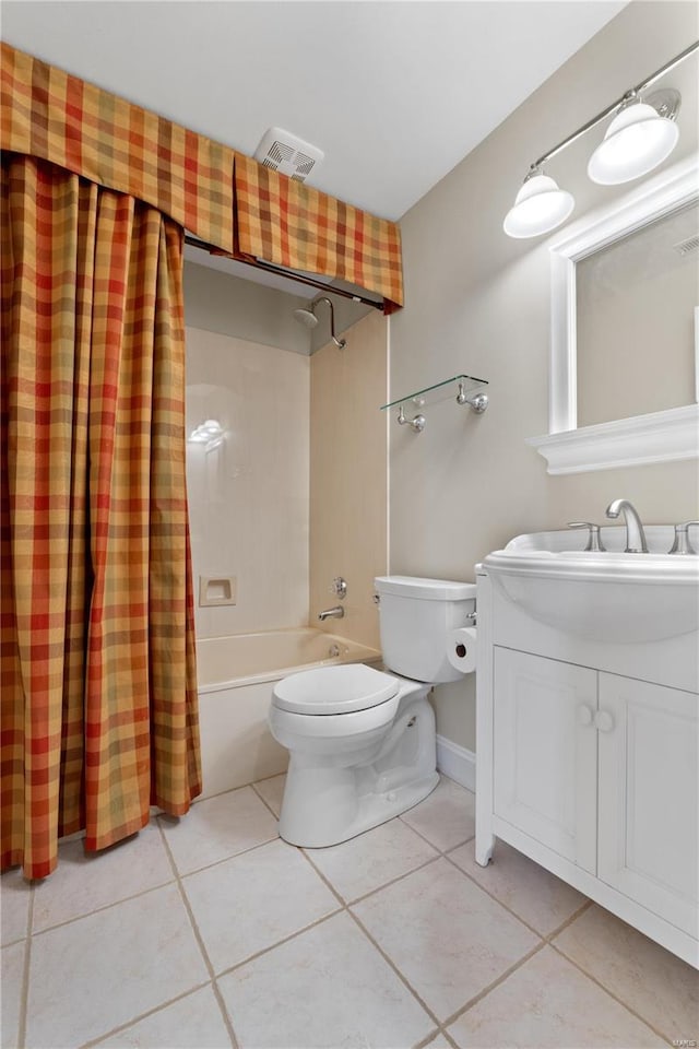 full bathroom featuring vanity, tile patterned flooring, shower / bathtub combination with curtain, and toilet