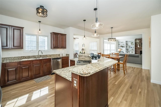 kitchen featuring stainless steel dishwasher, a healthy amount of sunlight, and light wood finished floors