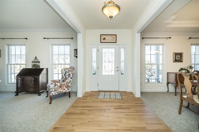 entryway with a wealth of natural light, carpet floors, baseboards, and ornamental molding