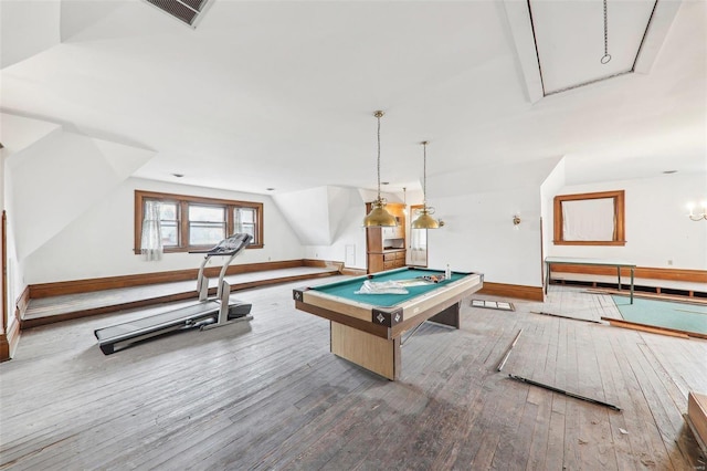 game room with hardwood / wood-style floors, vaulted ceiling, and pool table