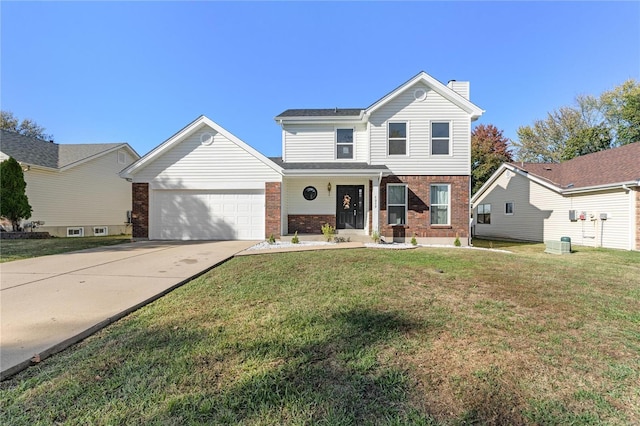 front facade with a front yard and a garage