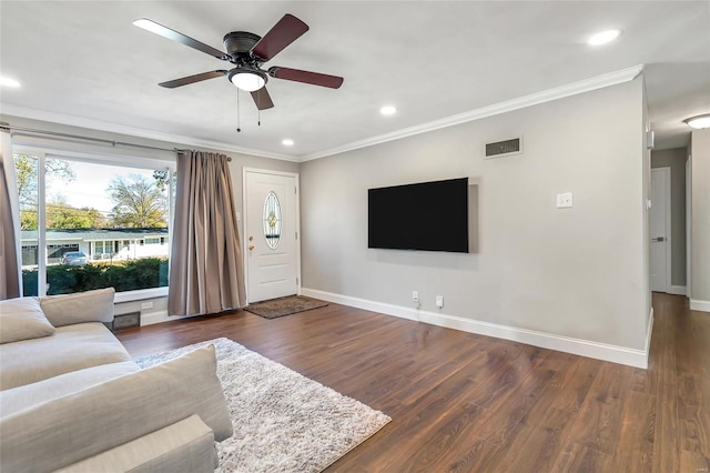 living room featuring ceiling fan, crown molding, and dark hardwood / wood-style flooring