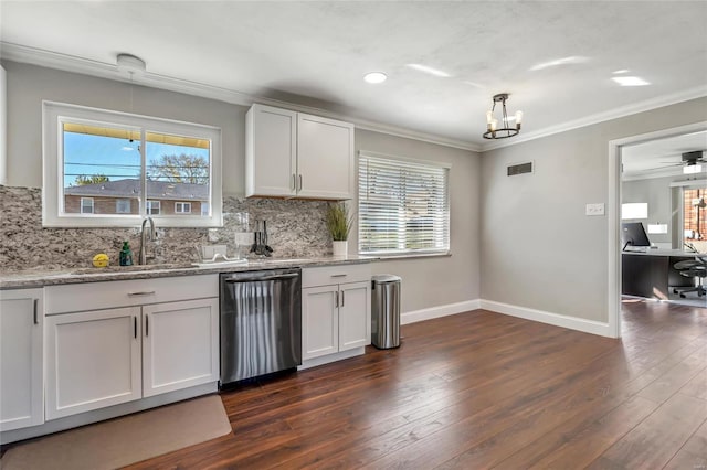 kitchen with dishwasher, a healthy amount of sunlight, and white cabinets