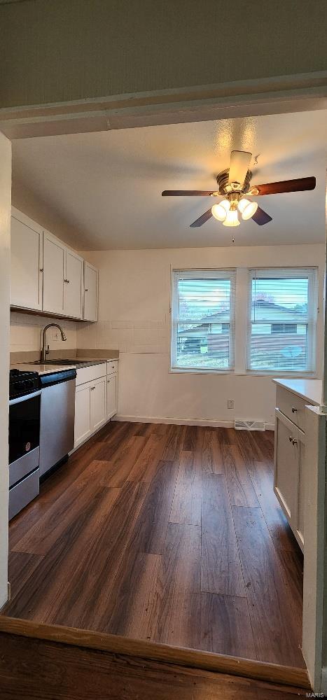 kitchen with white cabinetry, appliances with stainless steel finishes, dark hardwood / wood-style floors, sink, and ceiling fan