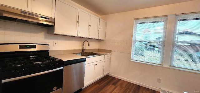 kitchen with ventilation hood, white cabinetry, appliances with stainless steel finishes, dark hardwood / wood-style floors, and sink