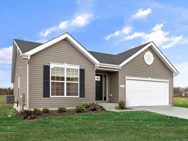 ranch-style house featuring a garage and a front yard