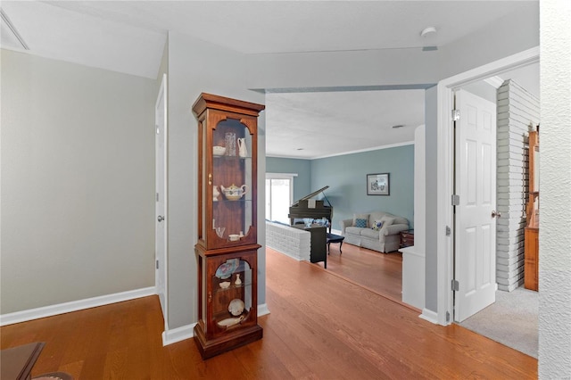 hallway with hardwood / wood-style floors and ornamental molding