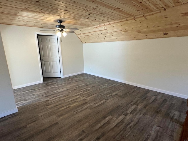 bonus room with wood ceiling, lofted ceiling, ceiling fan, and dark hardwood / wood-style floors