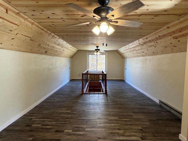 additional living space featuring wooden ceiling, baseboard heating, ceiling fan, vaulted ceiling, and dark hardwood / wood-style flooring