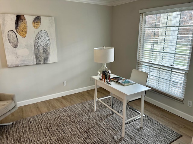 office space featuring ornamental molding and hardwood / wood-style flooring