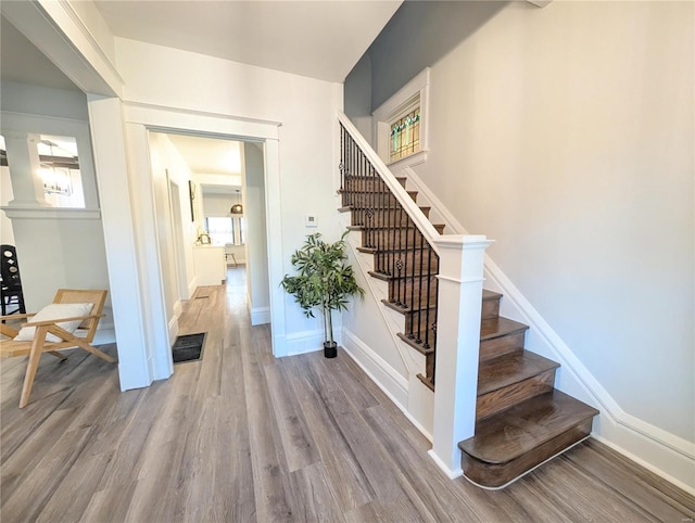 staircase with hardwood / wood-style flooring