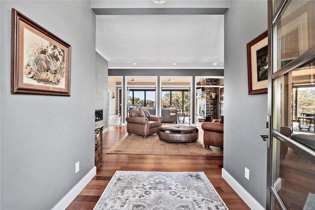 living room featuring dark wood-type flooring and a wealth of natural light