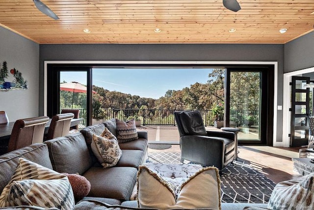 living room featuring wooden ceiling and ceiling fan