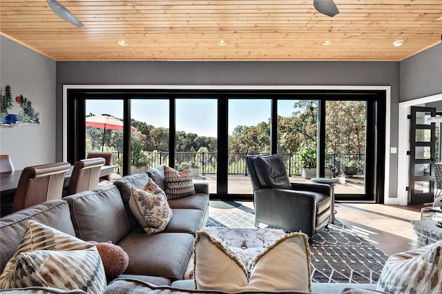 living room featuring wooden ceiling