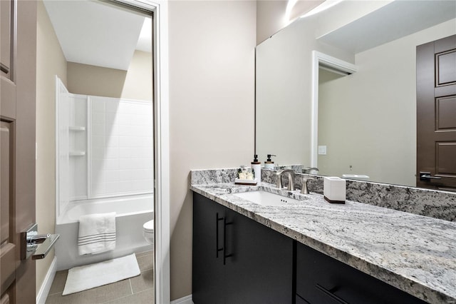 full bathroom featuring shower / tub combination, vanity, toilet, and tile patterned flooring