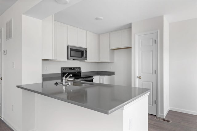 kitchen with stainless steel appliances, white cabinetry, sink, kitchen peninsula, and dark hardwood / wood-style floors