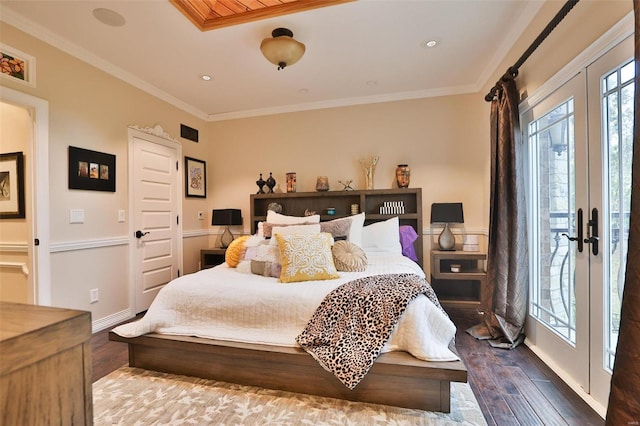 bedroom with hardwood / wood-style flooring, access to exterior, and french doors